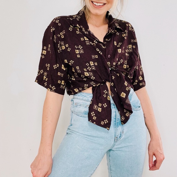 Vintage Tops - VINTAGE | Geometric Retro Print Oversized Slouchy Collared Button Down Shirt Top